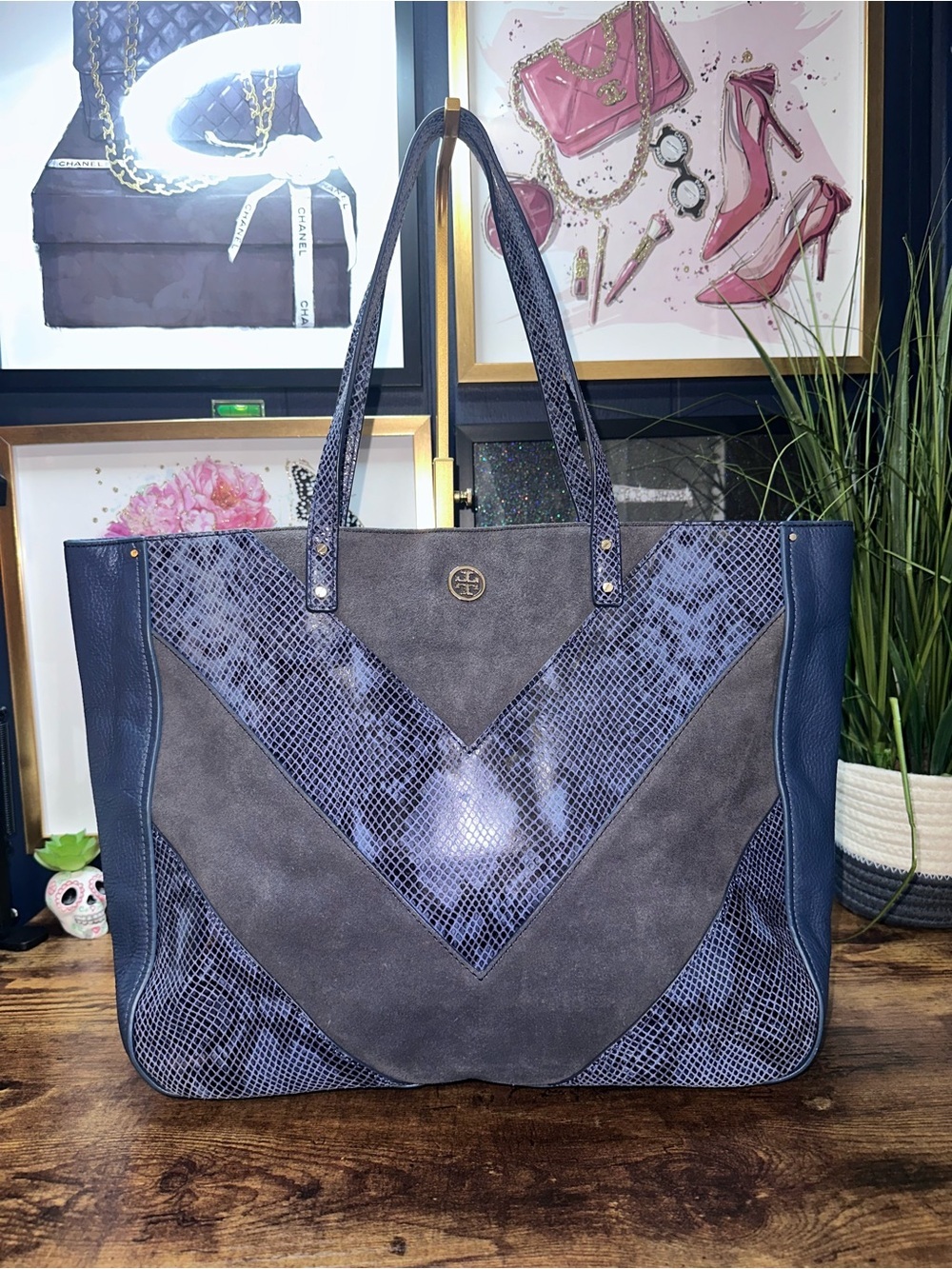 Tory Burch Chevron Color-Block Tote Blue Suede Pebbled Leather